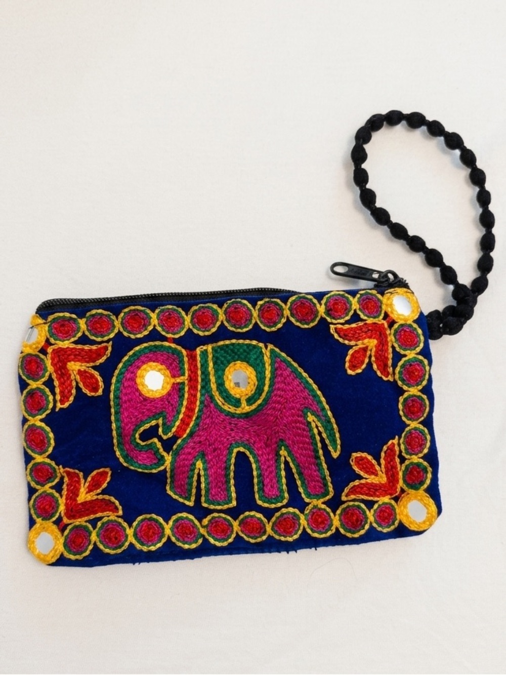 Embroidered Blue Wristlet Clutch with Pink & Green Detail